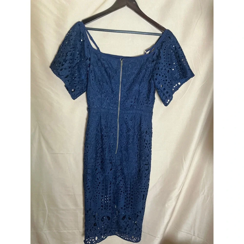 Lace Midi Dress Women 6  Navy Blue Excellent Cold Shoulder Puff Sleeve Square - Picture 11 of 13